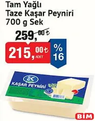 SEK TAM YAĞLI TAZE KAŞAR PEYNİRİ 700 G fiyat ve kampanya bilgisi